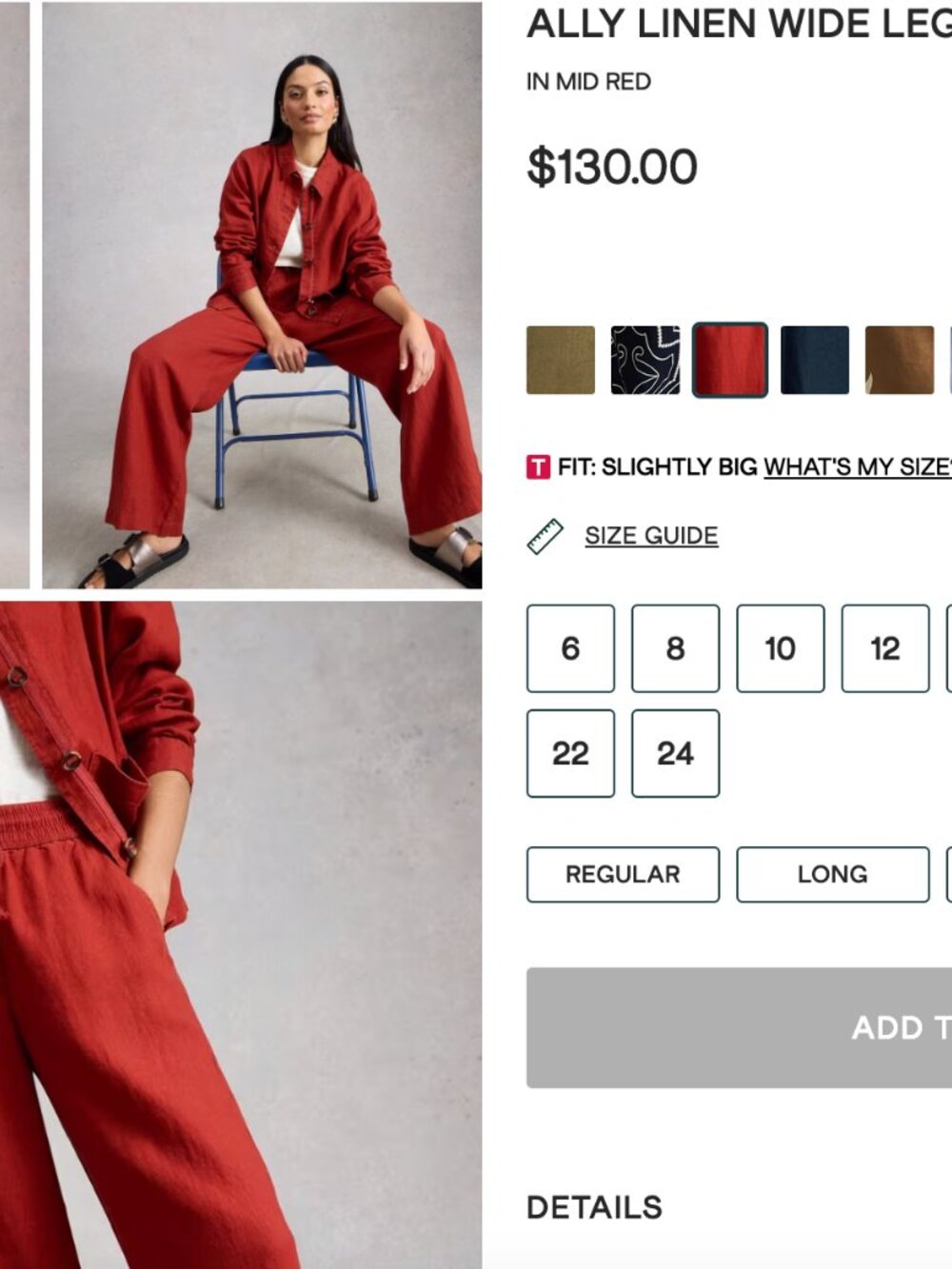 Ally Linen Wide Leg Trousers in Mid Red by White Stuff (6) NWT